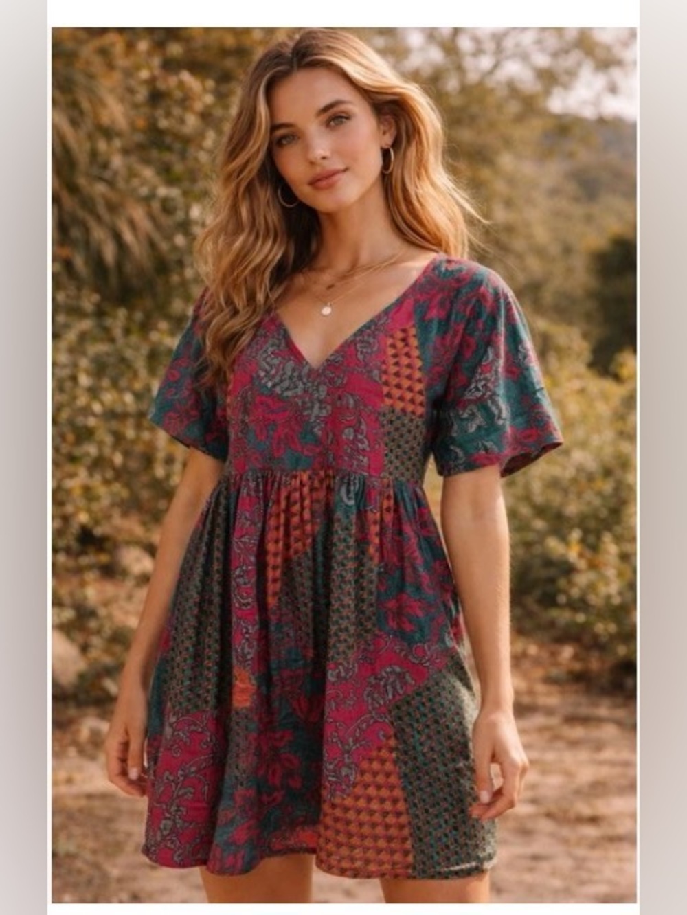 Cost Plus World Market Floral Trim Tunic in Magenta & Teal-L /xL  cotton